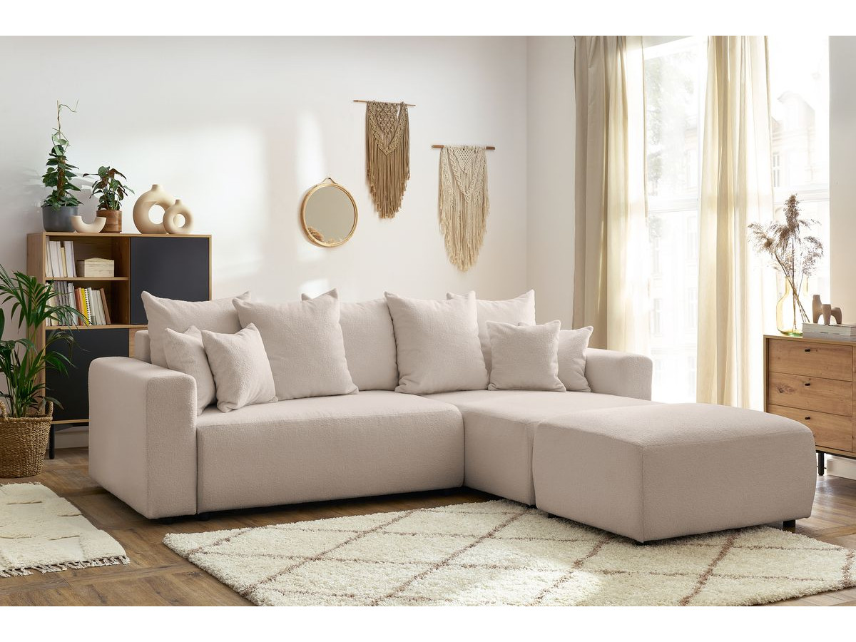 Bobochic Envy Ecksofa mit Schlaffunktion und Bettkasten und rechteckigem Pouf Bouclé-Stoff Beige