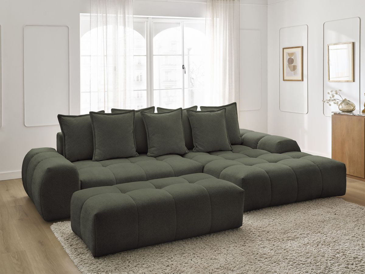 Bobochic Everest Ecksofa mit Schlaffunktion und Bettkasten und Pouf 318 × 180 cm, 7 Kissen Melange-Stoff Grün Ecke rechts