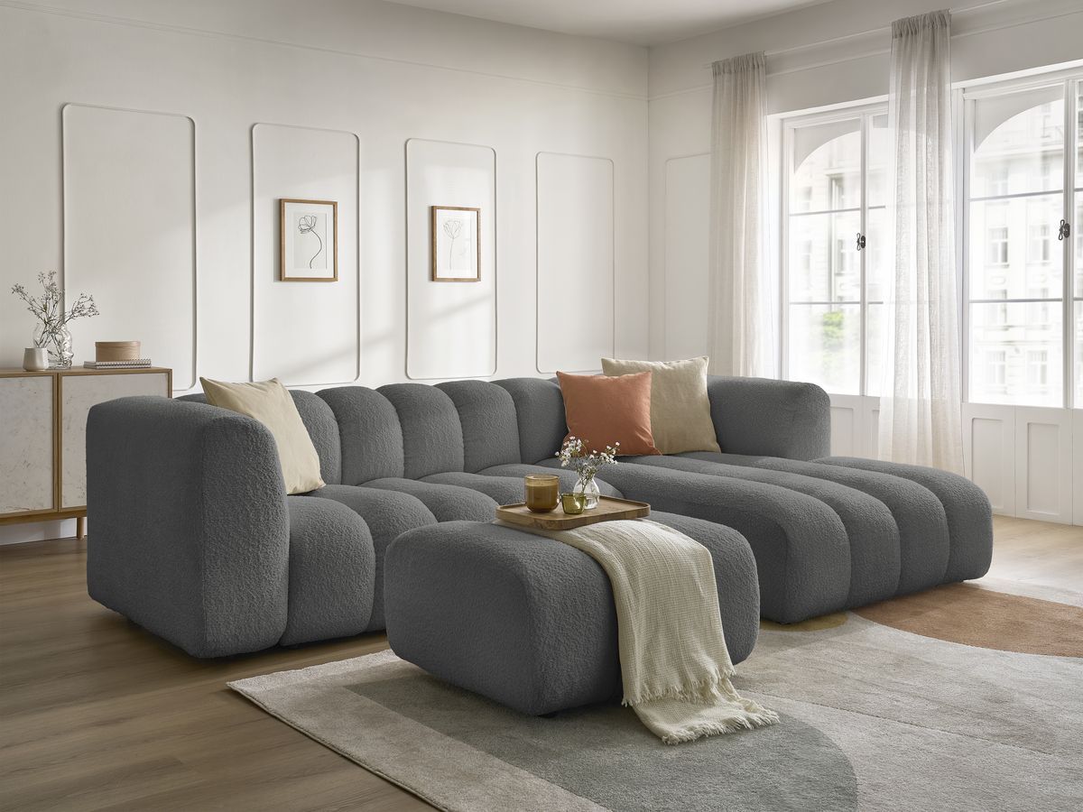 Bobochic Talia Ecksofa mit Pouf Bouclé-Stoff Dunkelgrau Ecke rechts