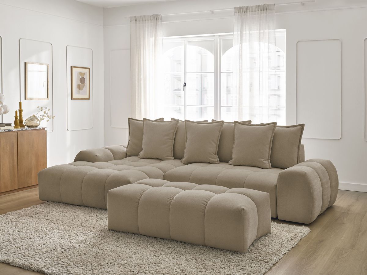 Bobochic Everest Ecksofa mit Schlaffunktion und Bettkasten und Pouf 318 × 180 cm, 7 Kissen Strukturstoff Taupe Ecke links