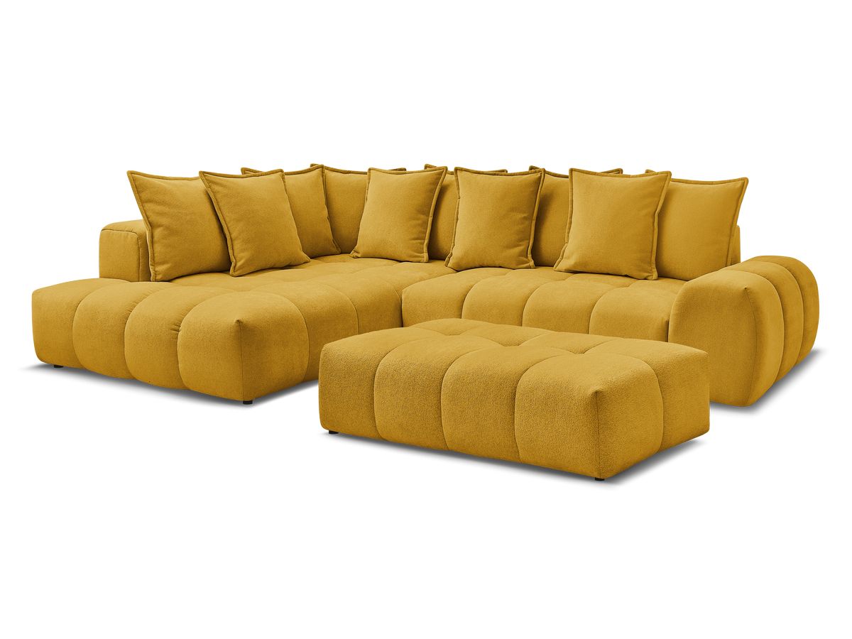 Bobochic Everest Ecksofa mit Schlaffunktion und Bettkasten und Pouf 320 × 212 cm, 10 Kissen Strukturstoff Gelb Ecke links