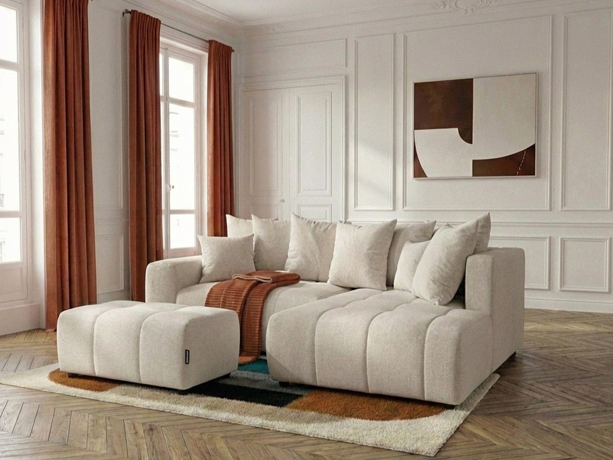 Bobochic Roxelane Ecksofa mit Schlaffunktion und Bettkasten und Pouf Melange-Stoff Beige Ecke rechts