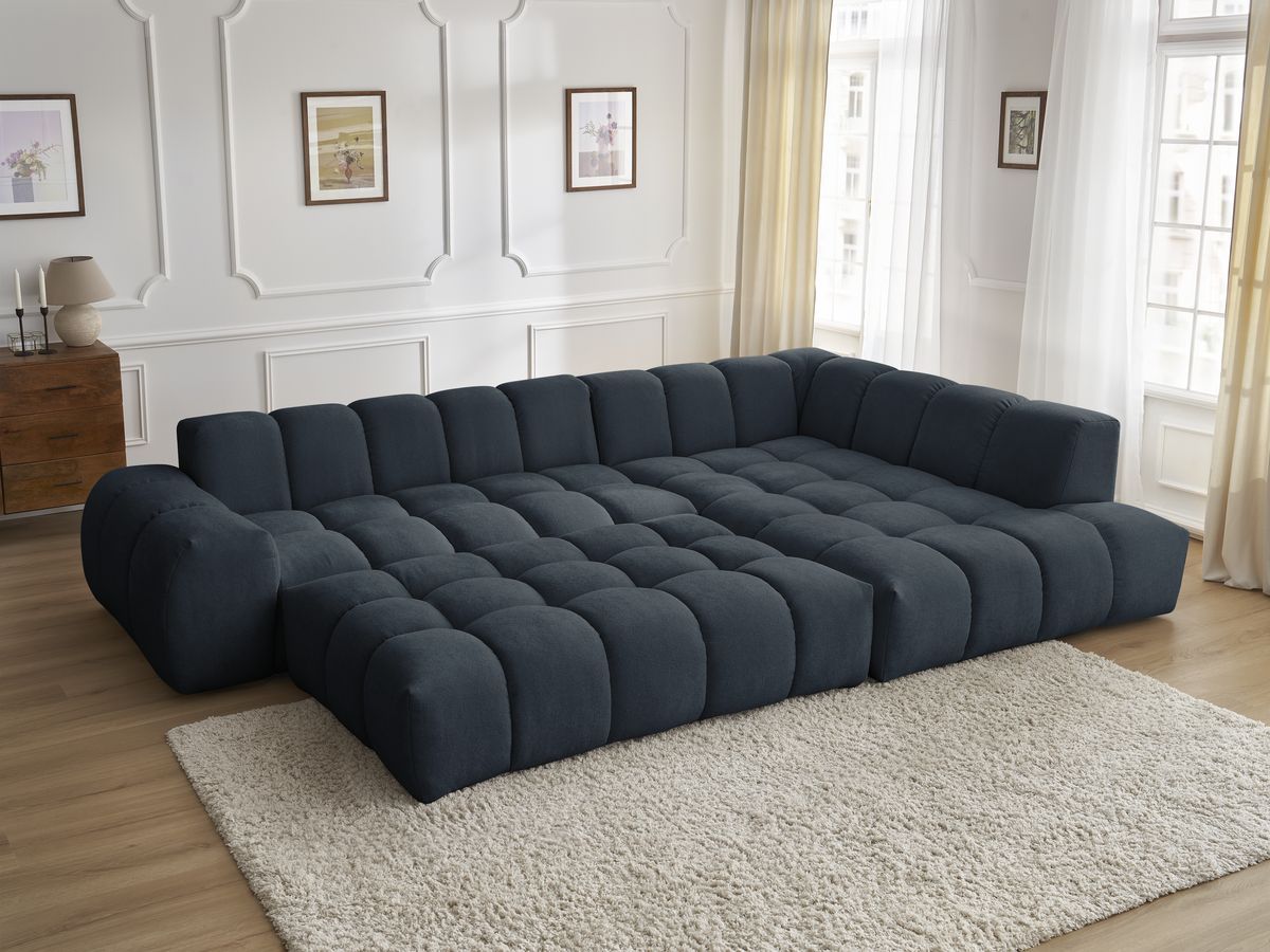 Bobochic Everest Ecksofa mit Schlaffunktion und Pouf, 4 Kissen Strukturstoff Dunkelblau Ecke rechts