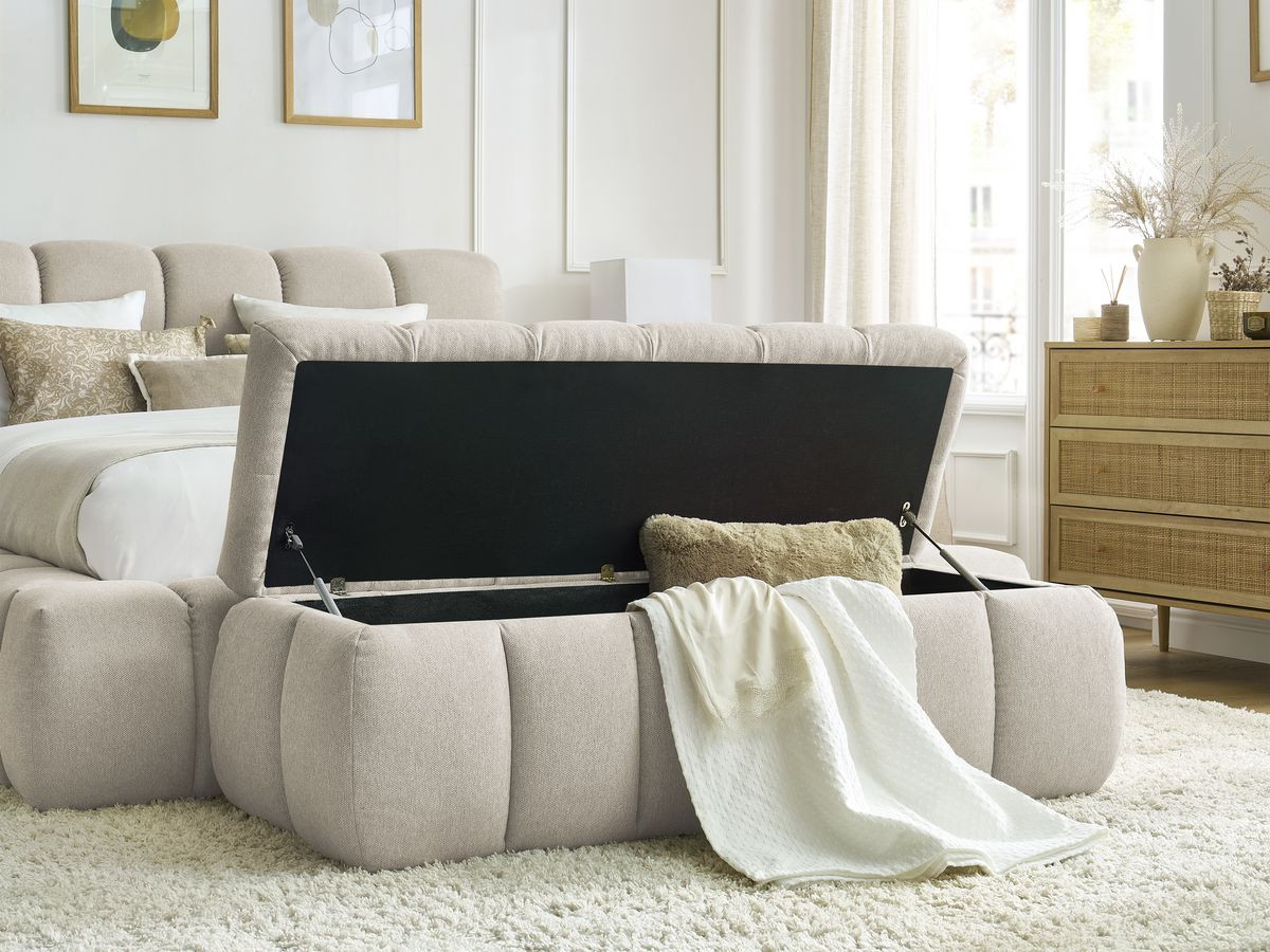 Bobochic Mont-blanc Polsterbett mit Bettkasten mit Bettbank Stoff Beige, Liegefläche 140 × 190 cm