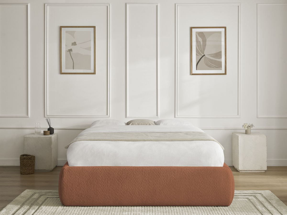 Bobochic Inera Bettgestell mit Bettkasten, ohne Kopfteil Bouclé-Stoff Orange, Liegefläche 140 × 190 cm