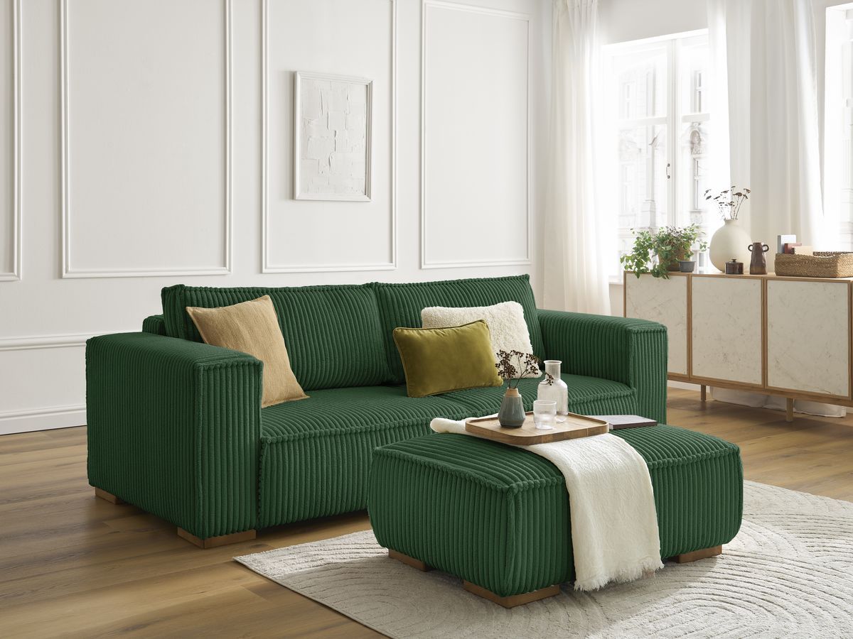 Bobochic Chelsea Sofa 4-Sitzer mit Pouf Breitcord weich Grün