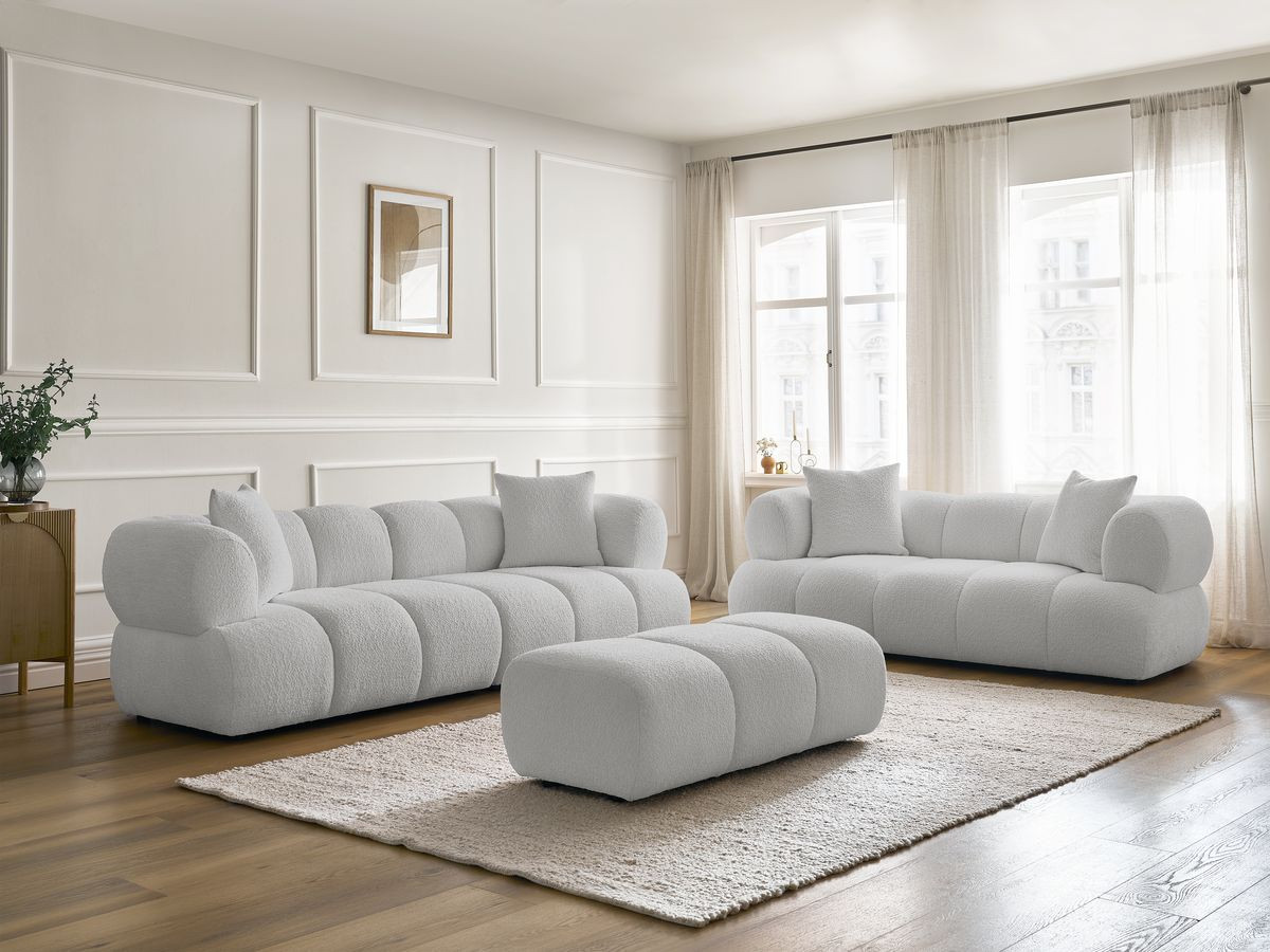 Bobochic Pamira Sofa 5-Sitzer mit Pouf Bouclé-Stoff Hellgrau