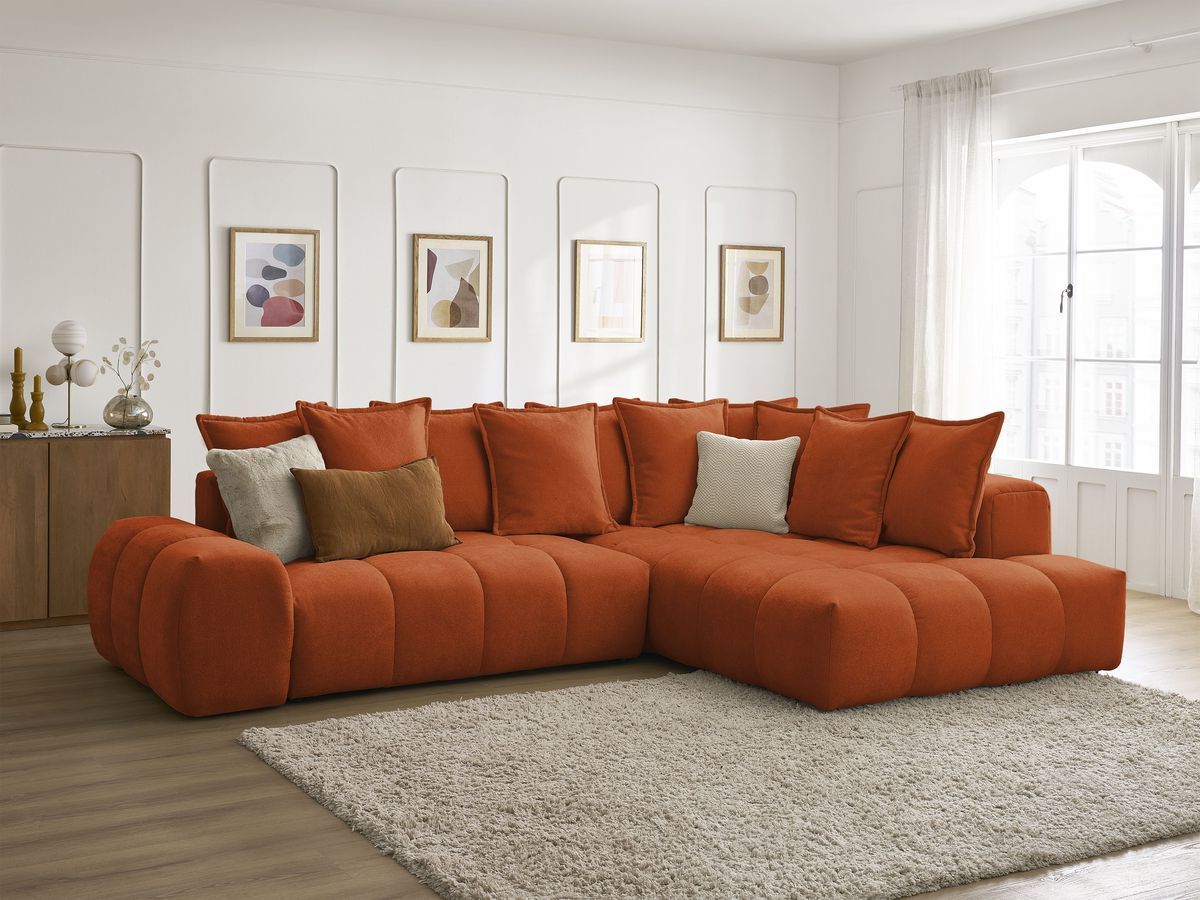 Bobochic Everest Ecksofa mit Schlaffunktion und Bettkasten 320 × 212 cm, 10 Kissen Strukturstoff Orange Ecke rechts