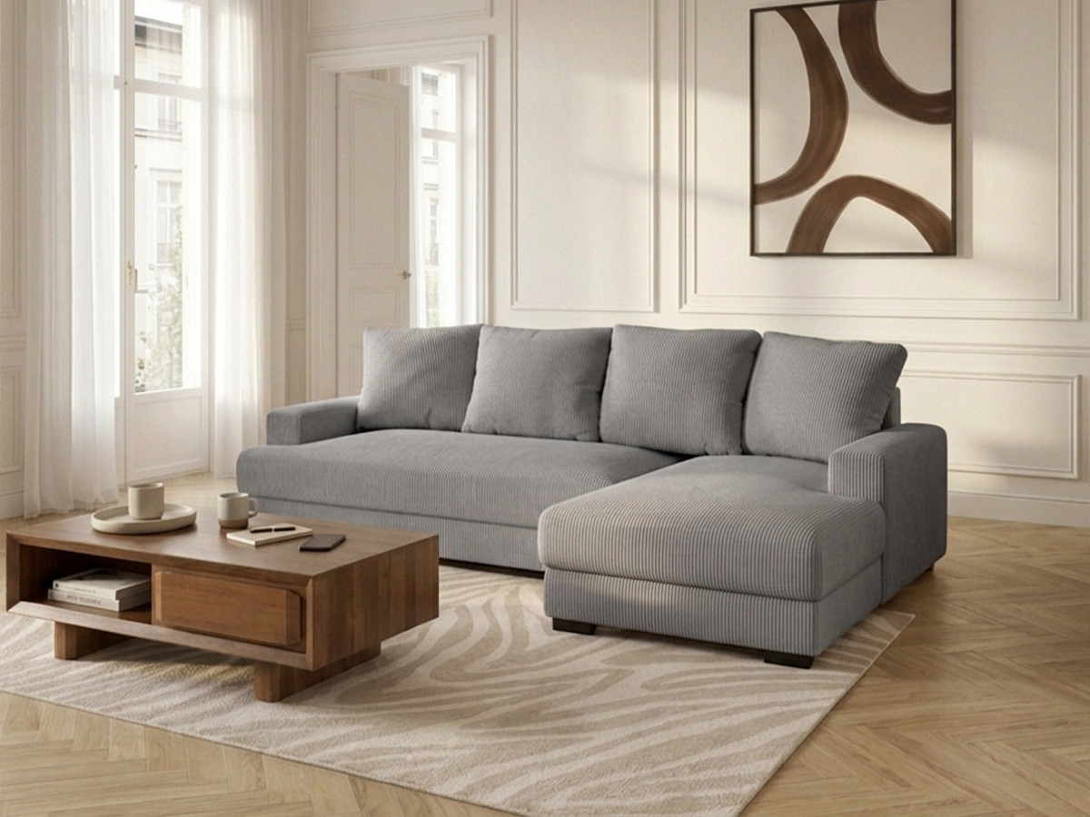 Bobochic Campi Ecksofa mit Schlaffunktion und Bettkasten Cordsamt Hellgrau Ecke rechts