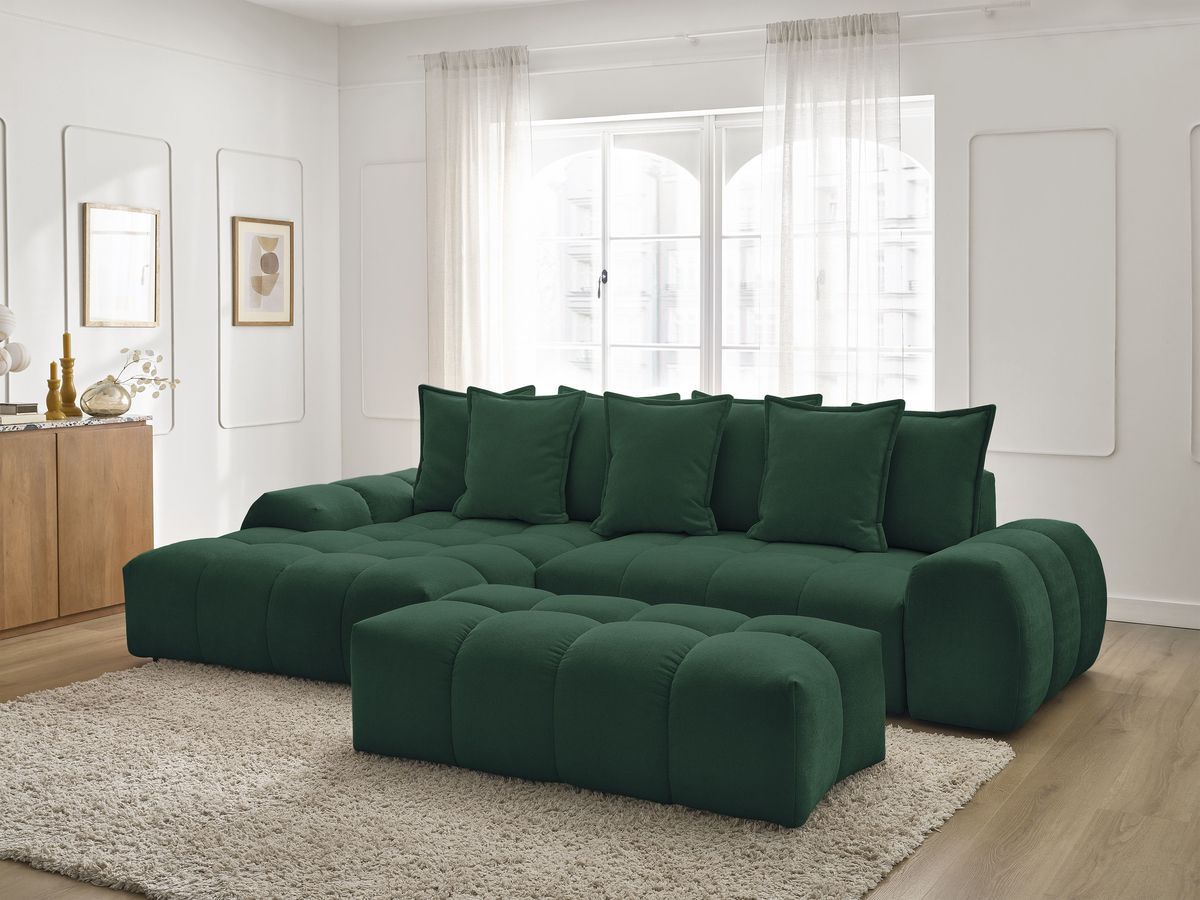 Bobochic Everest Ecksofa mit Schlaffunktion und Bettkasten und Pouf 318 × 180 cm, 7 Kissen Strukturstoff Grün Ecke links
