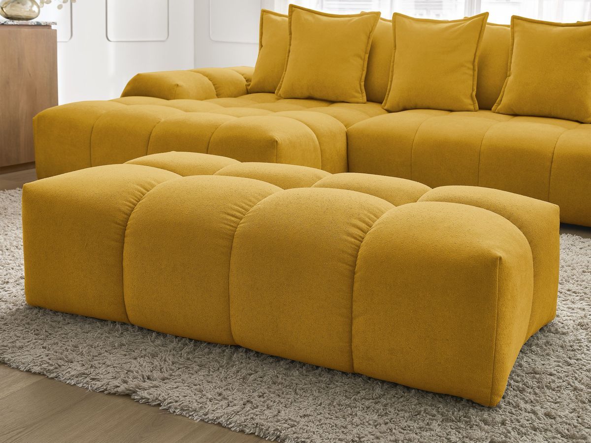 Bobochic Everest Ecksofa mit Schlaffunktion und Bettkasten und Pouf 318 × 180 cm, 7 Kissen Strukturstoff Gelb Ecke links