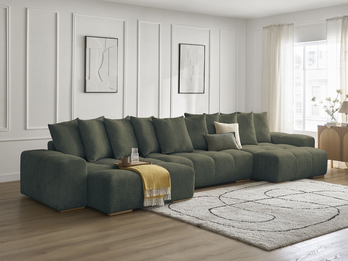 Bobochic Anakin Wohnlandschaft, Liegefläche 137 × 382 cm, 10 Kissen Bouclé-Stoff Grün