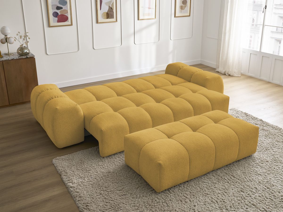 Bobochic Everest Schlafsofa 3-Sitzer mit Bettkasten und Pouf, 2 Kissen Melange-Stoff Gelb