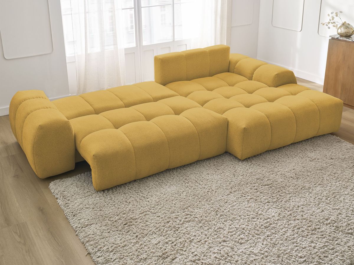 Bobochic Everest Ecksofa mit Schlaffunktion und Bettkasten 318 × 180 cm, 3 Kissen Melange-Stoff Gelb Ecke rechts