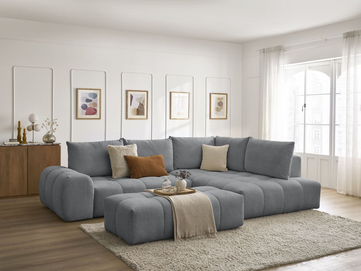 Bobochic Everest Ecksofa mit Schlaffunktion und Bettkasten und Pouf 320 × 212 cm, 5 Kissen Melange-Stoff Dunkelgrau Ecke rechts