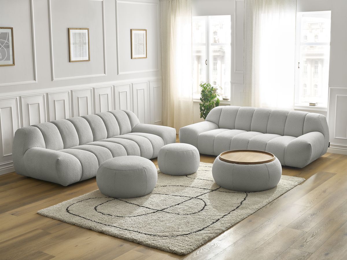 Bobochic Hayden Sofa 7-Sitzer mit Pouf Bouclé-Stoff Hellgrau