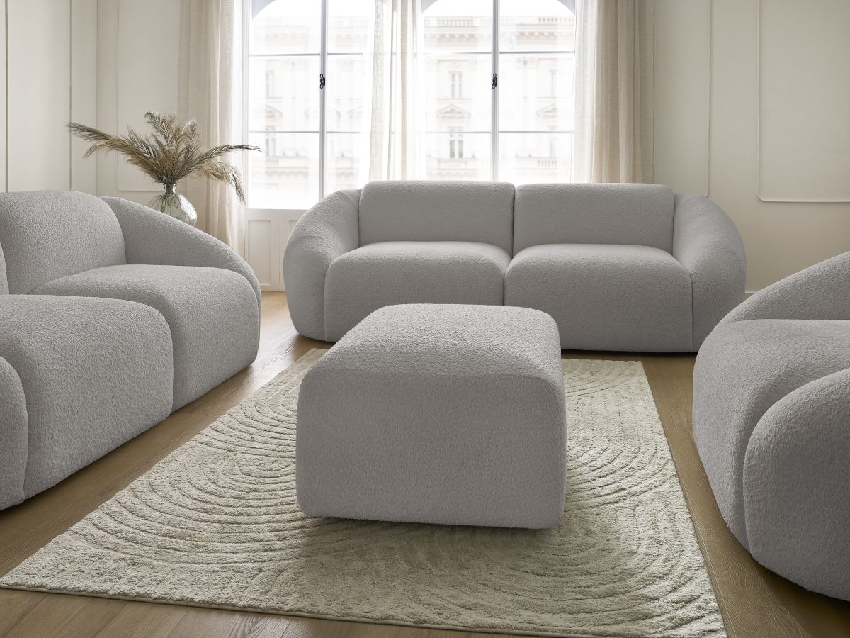 Bobochic Tina Sofa 7-Sitzer mit Pouf Bouclé-Stoff Hellgrau
