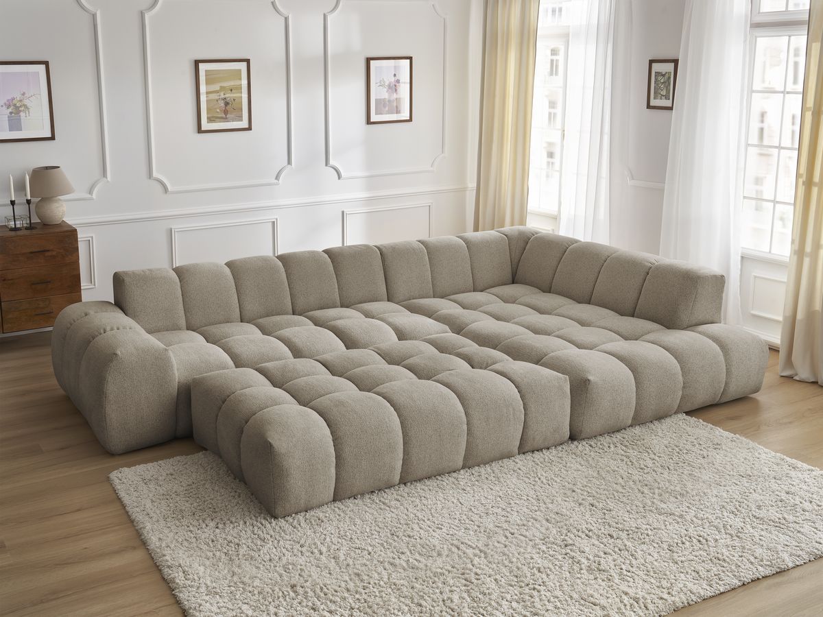 Bobochic Everest Ecksofa mit Schlaffunktion und Pouf, 4 Kissen Melange-Stoff Taupe Ecke rechts