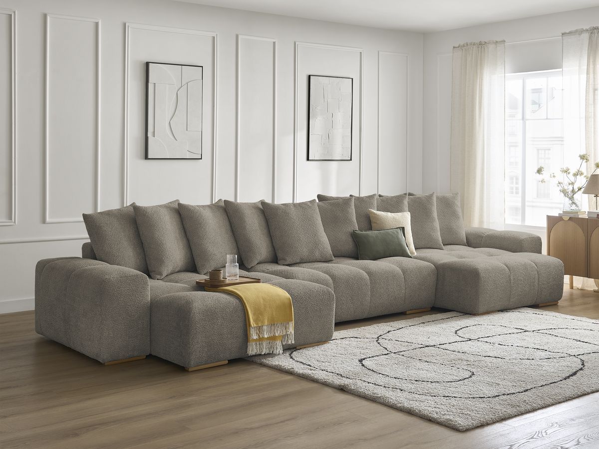 Bobochic Anakin Wohnlandschaft, Liegefläche 137 × 382 cm, 10 Kissen Bouclé-Stoff Taupe