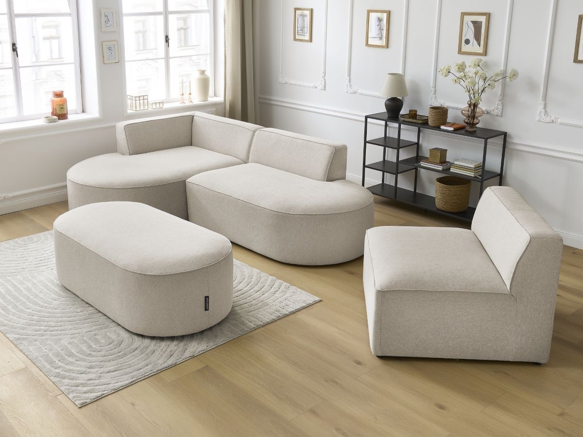 Bobochic Rousseau Ecksofa mit Sofamodul und Pouf Melange-Stoff Beige Ecke links