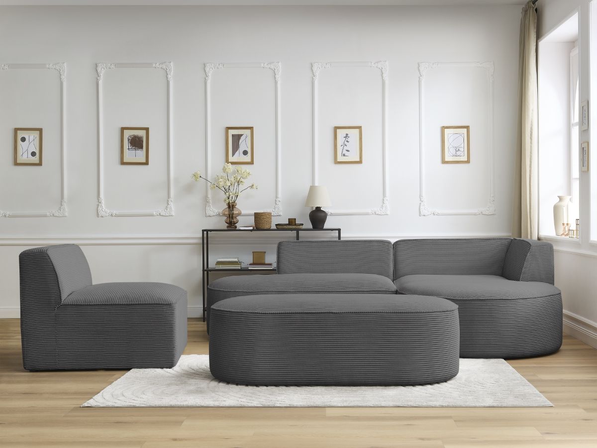 Bobochic Rousseau Ecksofa mit Sofamodul und Pouf Cordsamt Dunkelgrau Ecke rechts