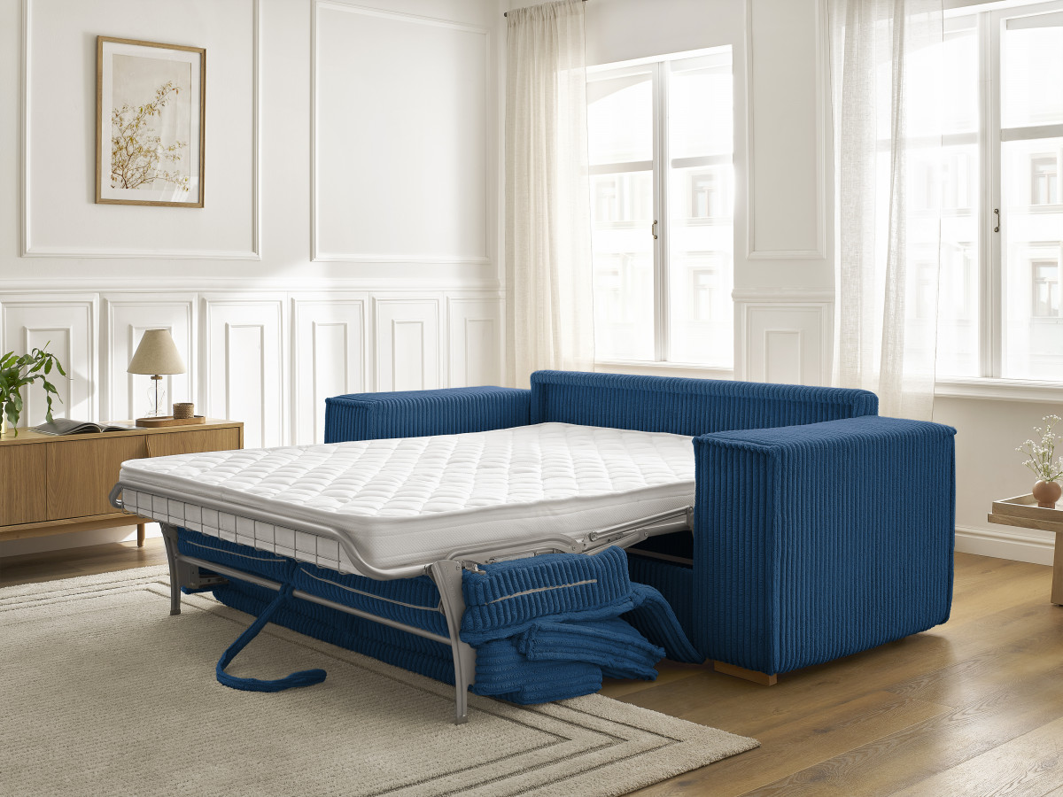 Bobochic Chelsea Schlafsofa 3-Sitzer Cordsamt Dunkelblau, Liegefläche 140 × 200 cm