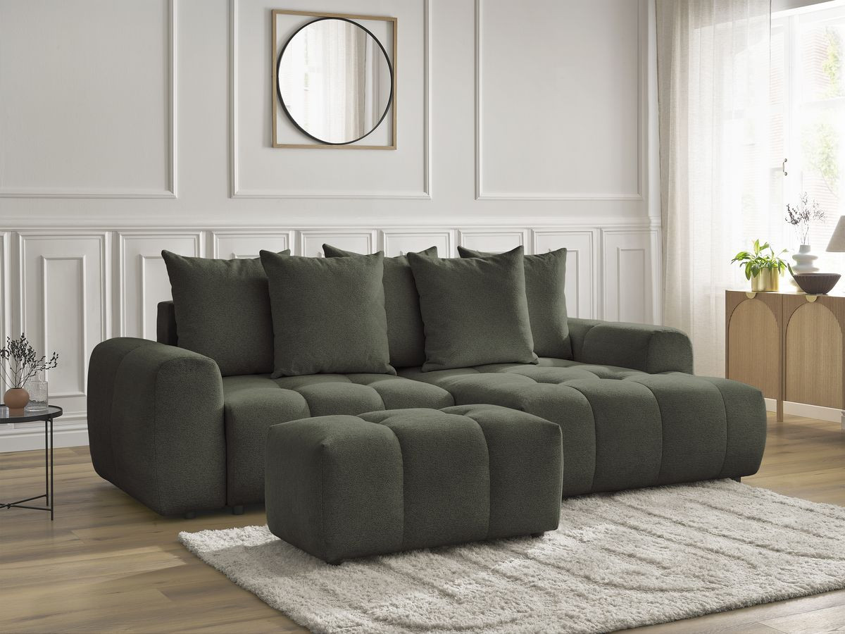 Bobochic Roxelane Ecksofa mit Schlaffunktion und Bettkasten und Pouf 258 × 150 cm Melange-Stoff Grün Ecke rechts