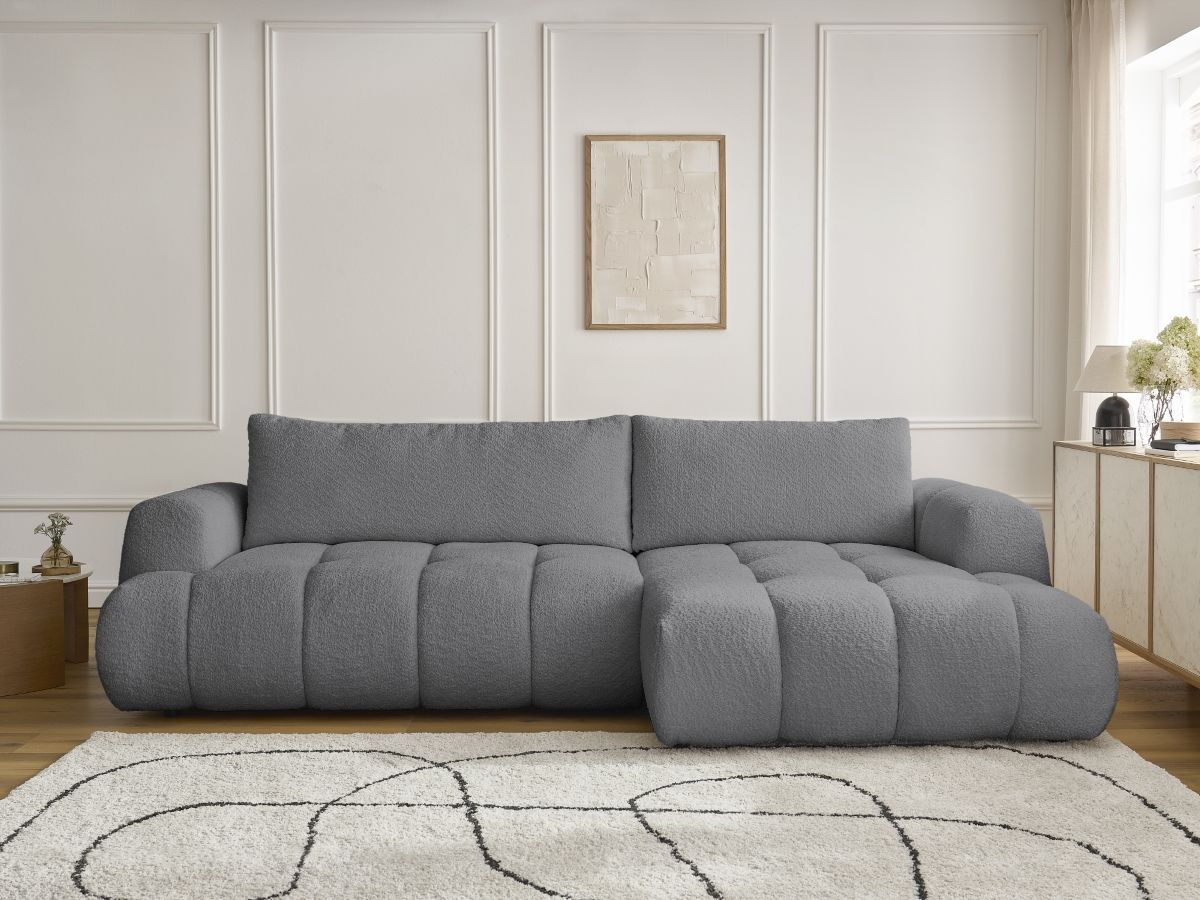 Bobochic Fuji Ecksofa mit Schlaffunktion und Bettkasten 292 × 160 cm Bouclé-Stoff Dunkelgrau Ecke rechts