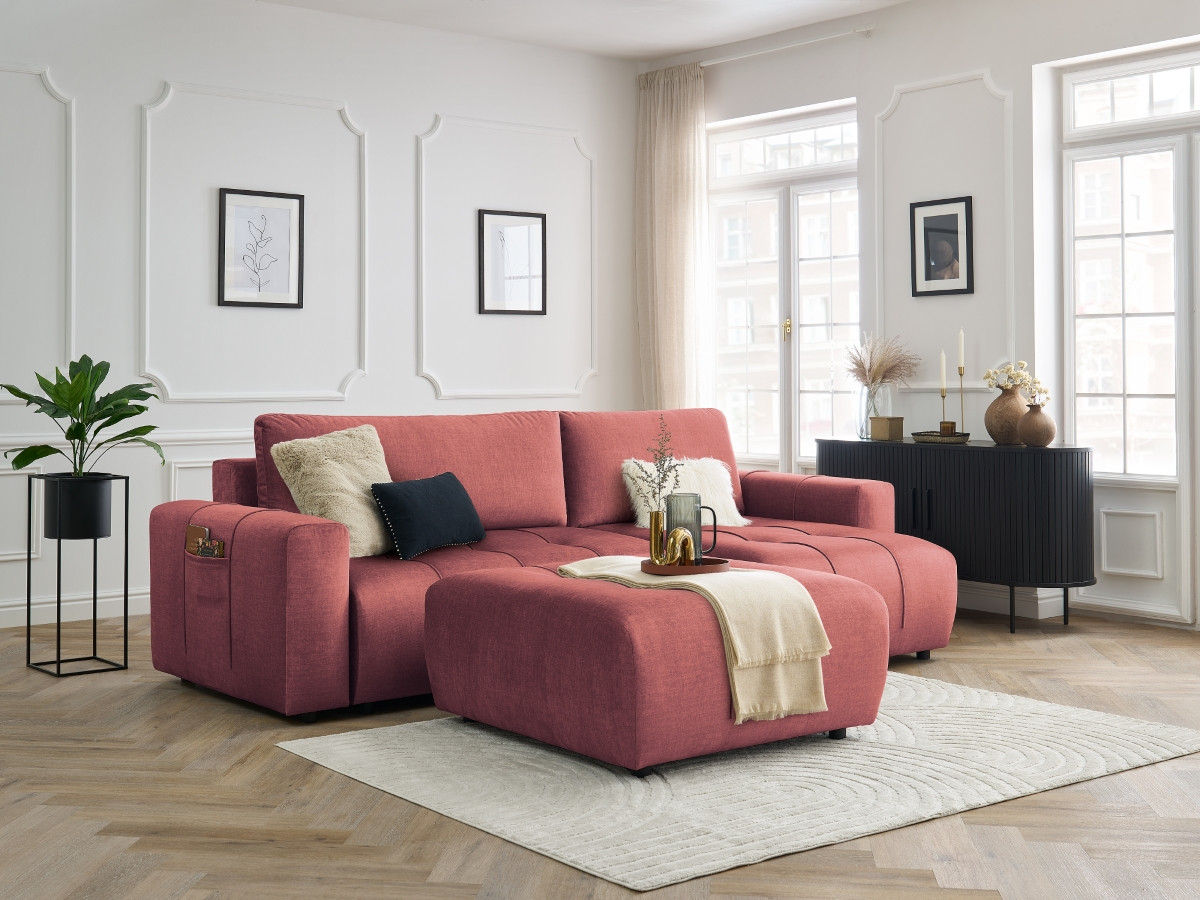 Bobochic Arsene Ecksofa mit Schlaffunktion und Bettkasten und Pouf 288 × 148 cm Samt Orange