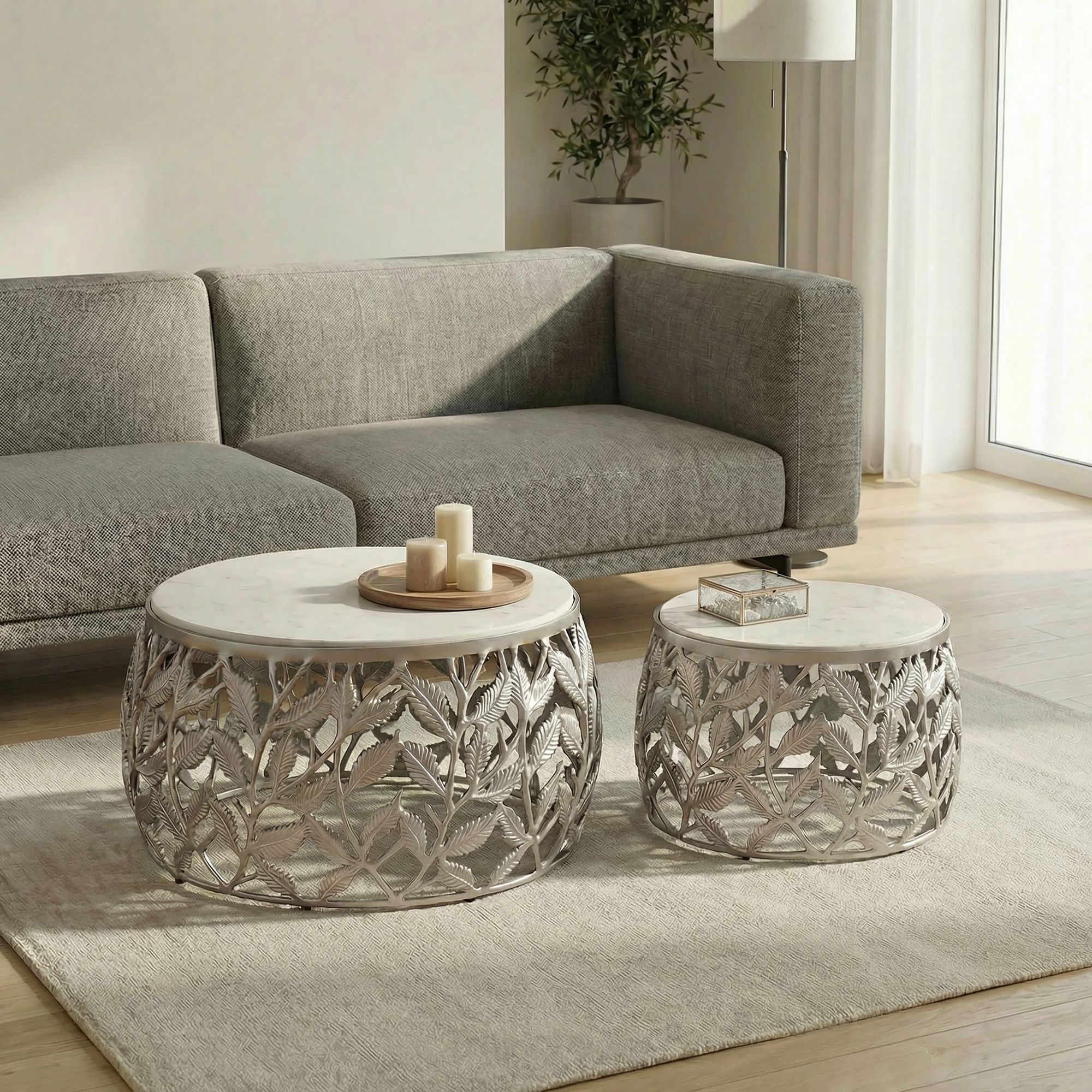 Satztisch 2er-Set Nedenes Marmor Silber Ø 60 cm