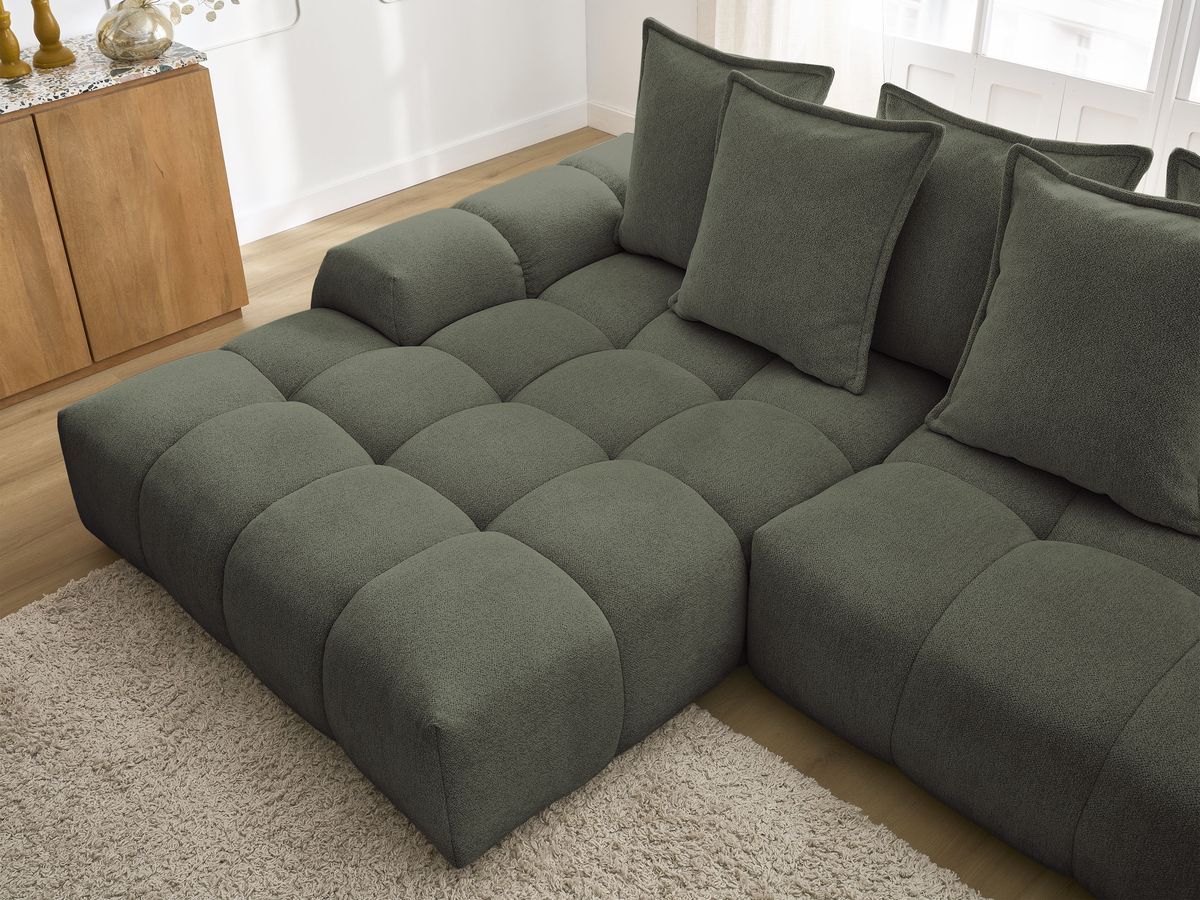 Bobochic Everest Ecksofa mit Schlaffunktion und Bettkasten 318 × 180 cm, 7 Kissen Melange-Stoff Grün Ecke links