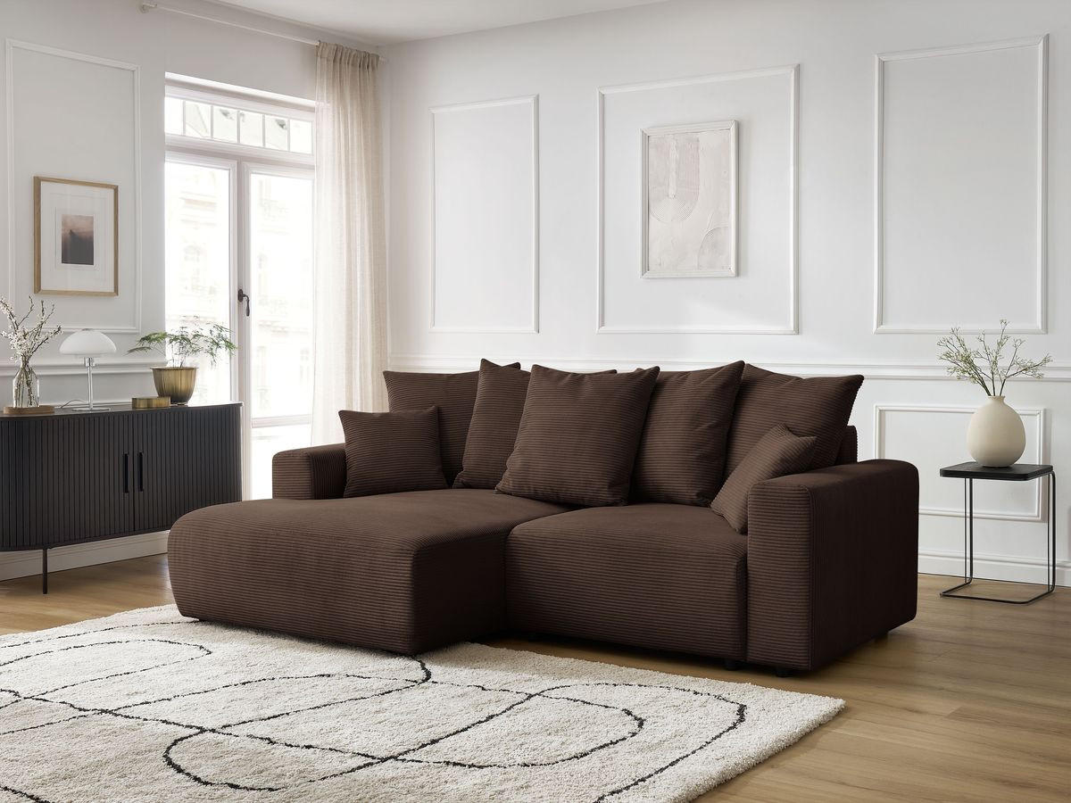 Bobochic Atilla Ecksofa mit Schlaffunktion und Bettkasten Cordsamt Braun Ecke links