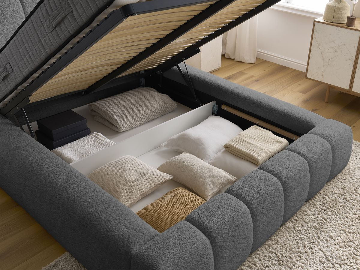 Bobochic Denali Polsterbett mit Bettkasten Bouclé-Stoff Dunkelgrau, Liegefläche 140 × 190 cm