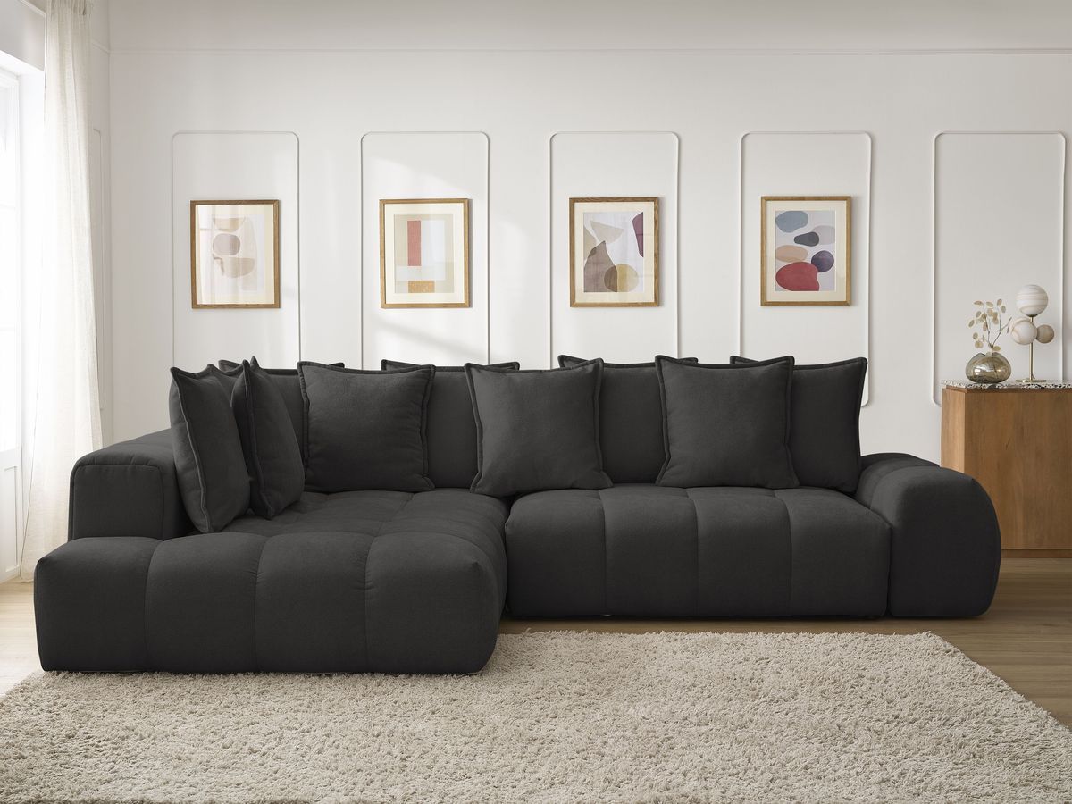 Bobochic Everest Ecksofa mit Schlaffunktion und Bettkasten 320 × 212 cm, 10 Kissen Strukturstoff Schwarz Ecke links