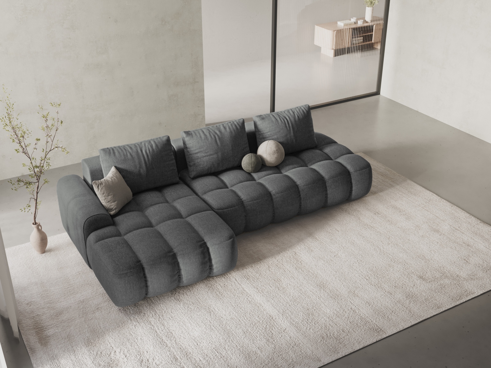 Cosmopolitan Design Ecksofa Linz 3-Sitzer offen mit Schlaffunktion Strukturierter Stoff Sorella Grau Links