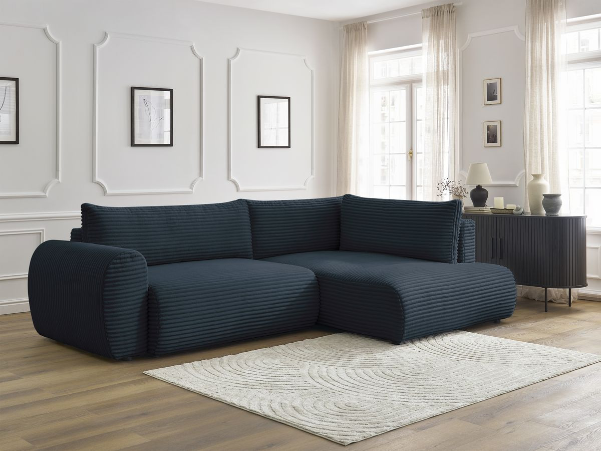 Bobochic Lucien Ecksofa mit Schlaffunktion und Bettkasten 296 × 198 cm Breitcord weich Dunkelblau Ecke rechts