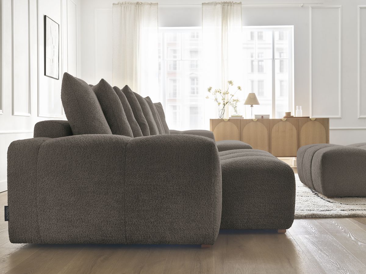 Bobochic Anakin Wohnlandschaft mit Pouf, 10 Kissen Bouclé-Stoff Braun