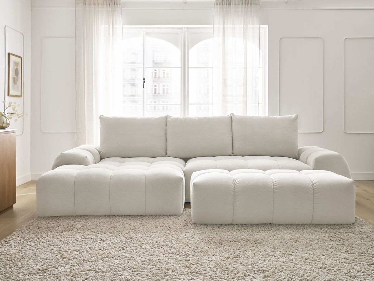 Bobochic Everest Ecksofa mit Schlaffunktion und Bettkasten und Pouf 318 × 180 cm, 3 Kissen Strukturstoff Weiß Ecke links