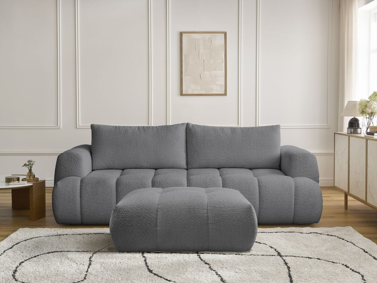 Bobochic Fuji Schlafsofa 3-Sitzer mit Bettkasten und Pouf Bouclé-Stoff Dunkelgrau
