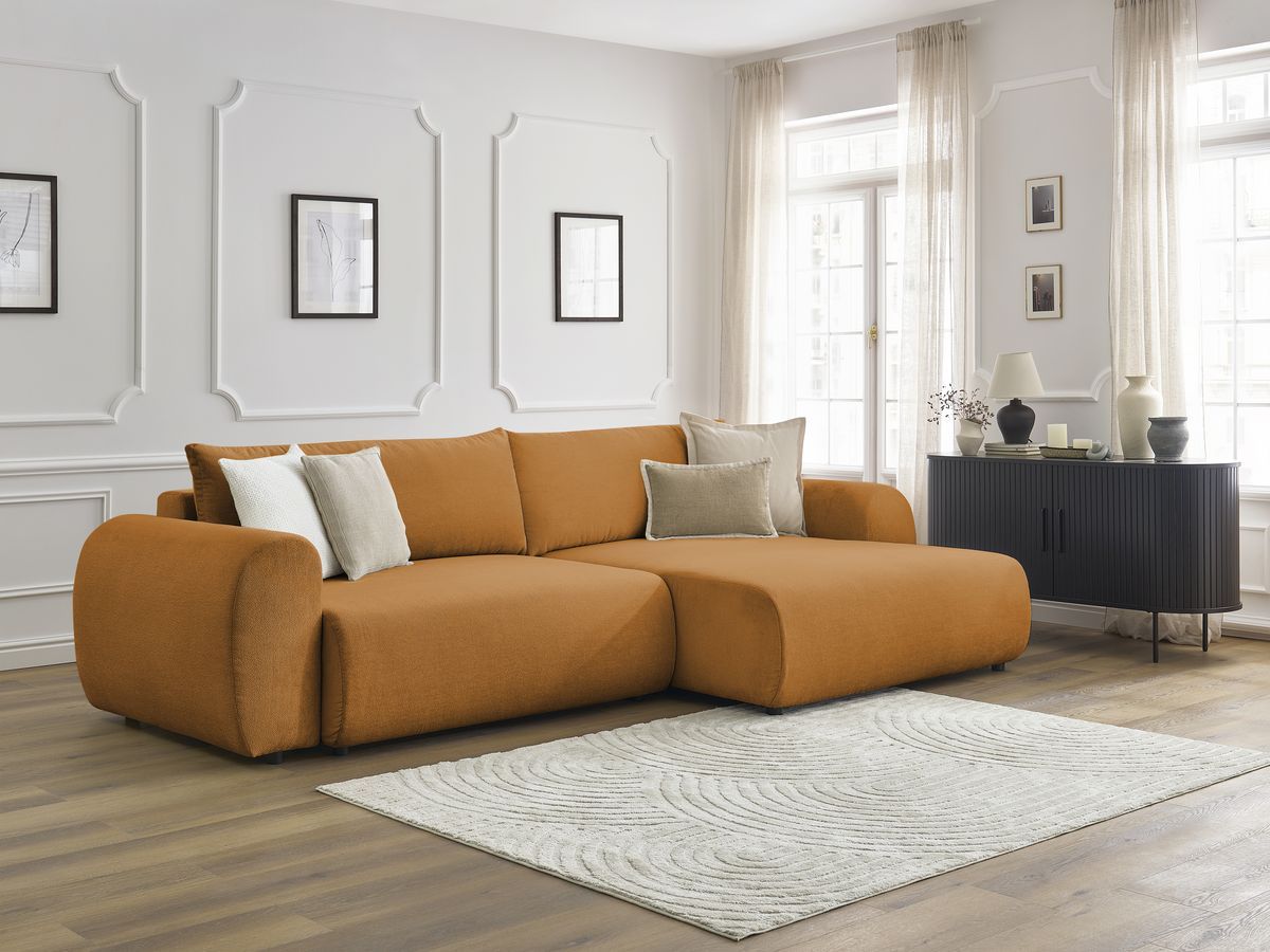 Bobochic Lucien Ecksofa mit Schlaffunktion und Bettkasten 314 × 167 cm Stoff Gelb Ecke rechts