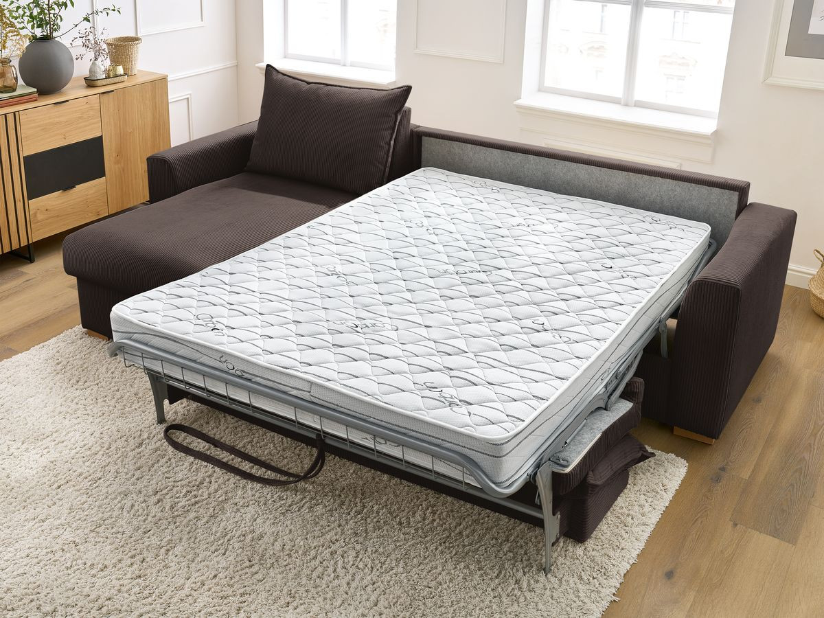 Bobochic Augustin Ecksofa mit Schlaffunktion und Bettkasten Cordsamt Braun, Liegefläche 160 × 200 cm