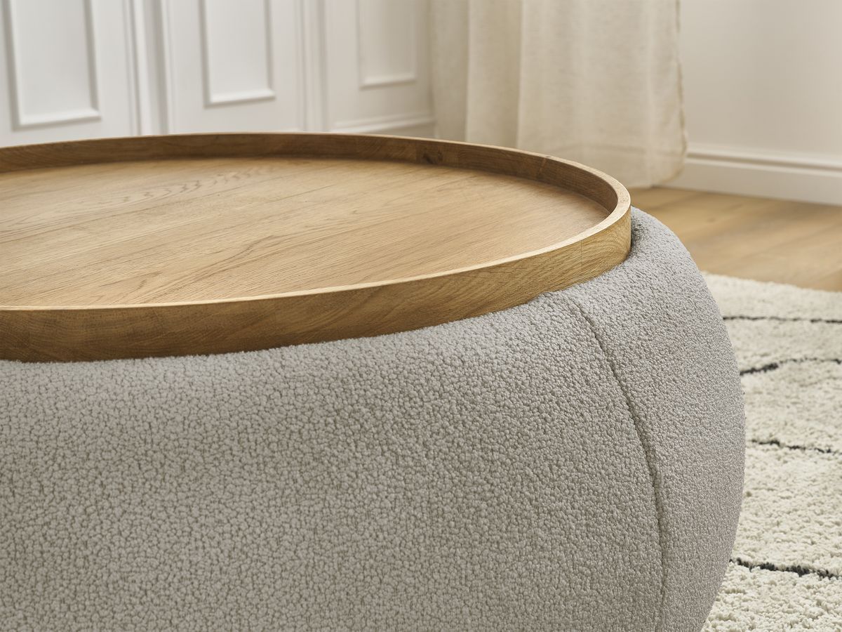 Bobochic Hayden Pouf mit Tablett, rund Bouclé-Stoff Taupe, 87 cm
