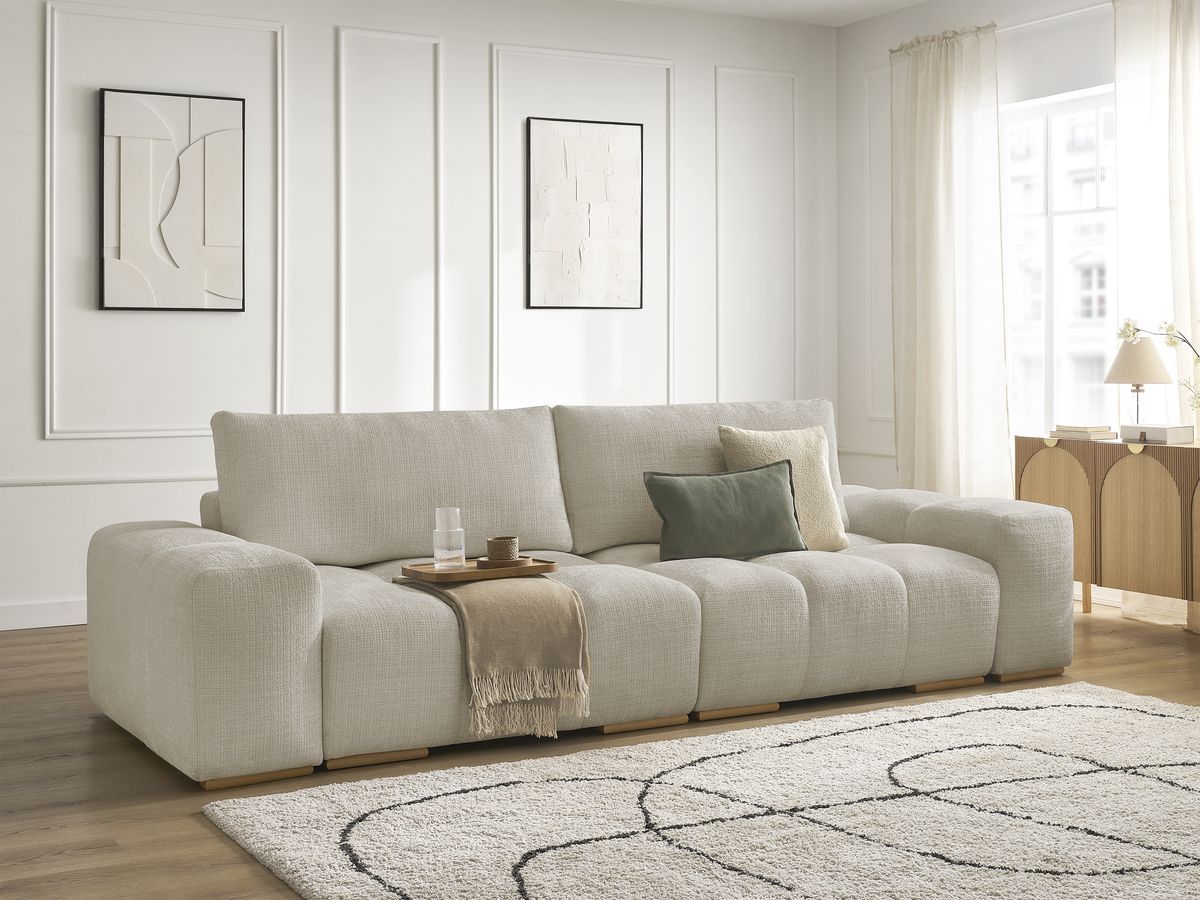 Bobochic Anakin Schlafsofa 3-Sitzer mit Bettkasten, 2 Kissen Strukturstoff Beige