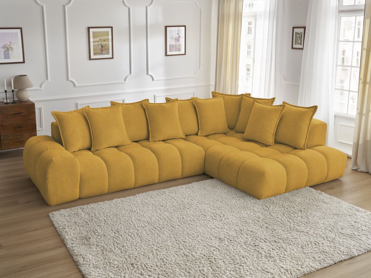Bobochic Everest Ecksofa, 10 Kissen Melange-Stoff Gelb Ecke rechts