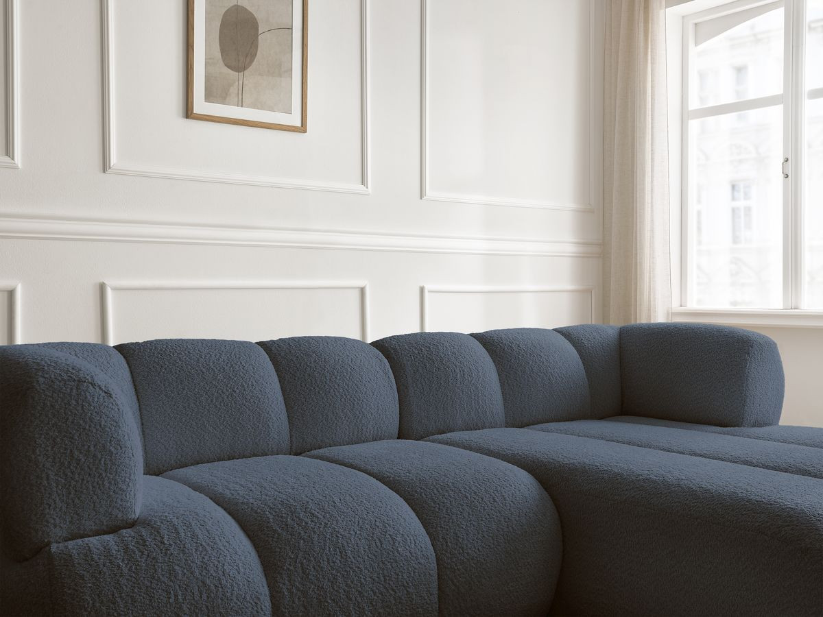 Bobochic Pamira Ecksofa mit Pouf Bouclé-Stoff Dunkelblau Ecke rechts