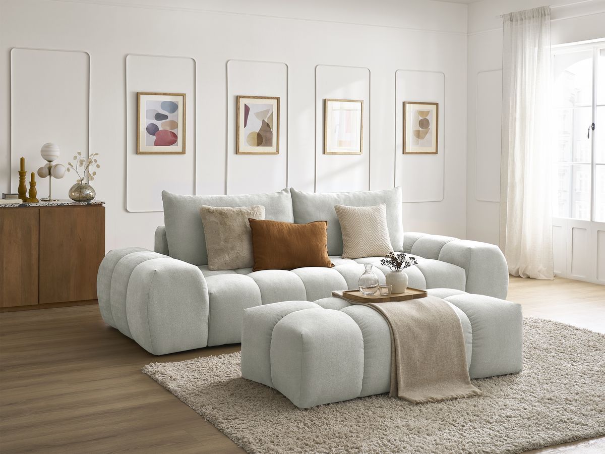 Bobochic Everest Sofa 3-Sitzer mit Pouf, 2 Kissen Strukturstoff Hellgrau