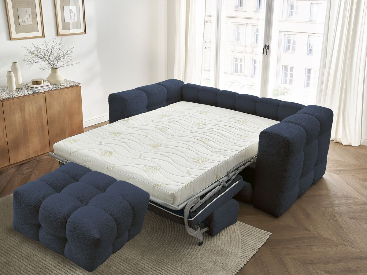 Bobochic Cloud Schlafsofa 3-Sitzer mit Pouf Bouclé-Stoff Dunkelblau
