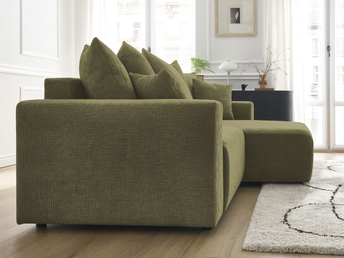 Bobochic Atilla Ecksofa mit Schlaffunktion und Bettkasten Strukturstoff Grün Ecke rechts