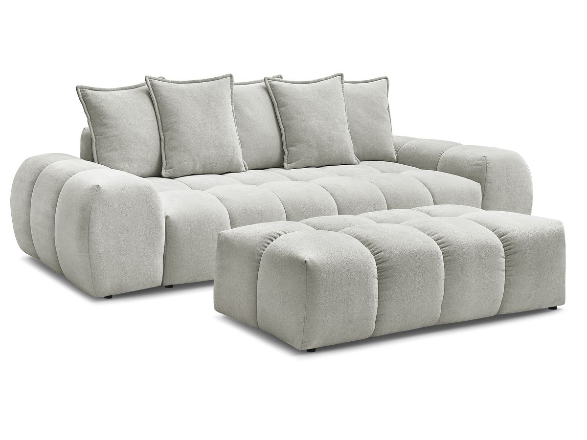 Bobochic Everest Schlafsofa 3-Sitzer mit Bettkasten und Pouf, 5 Kissen Strukturstoff Hellgrau