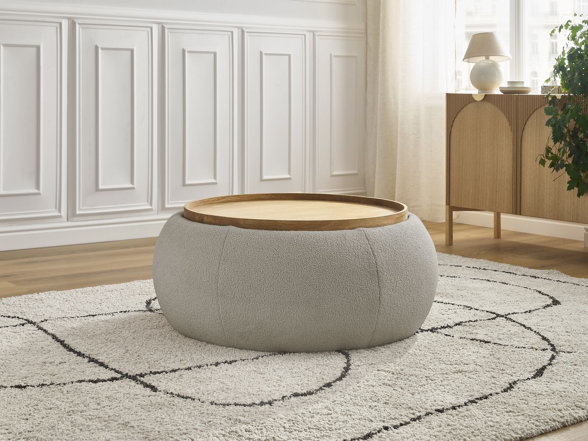 Bobochic Hayden Pouf mit Tablett, rund Bouclé-Stoff Taupe, 87 cm
